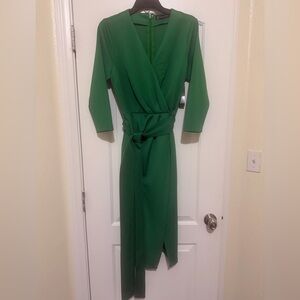 New York & Company Emerald Green Wrap Midi Dress with Waist Tie